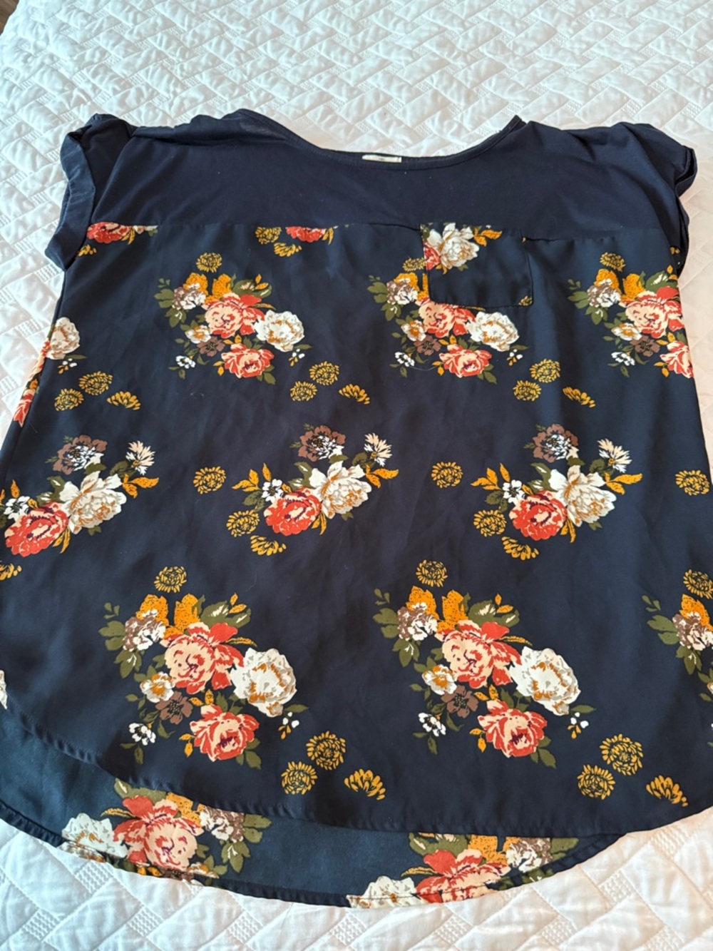 Navy Floral Short Sleeve Blouse with Rose Print